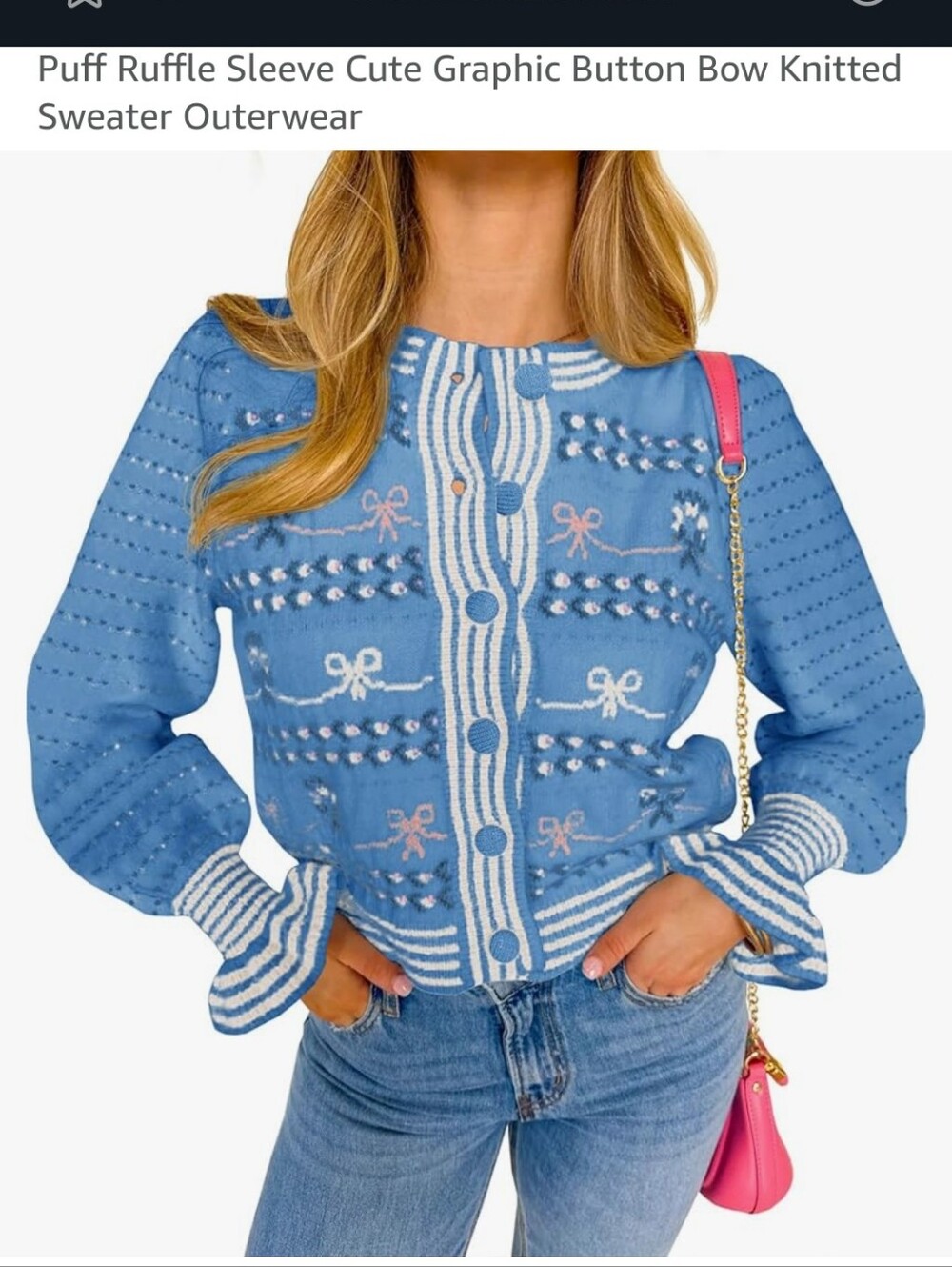 Amazon's Keoni Blue Puff Ruffle Sleeve Cardigan Sweater NWT ASO Kelsey Bynum